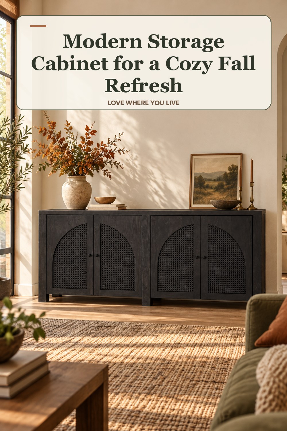 Lived-in fall room with a modern storage cabinet and the headline: Modern Storage Cabinet for a Cozy Fall Refresh.