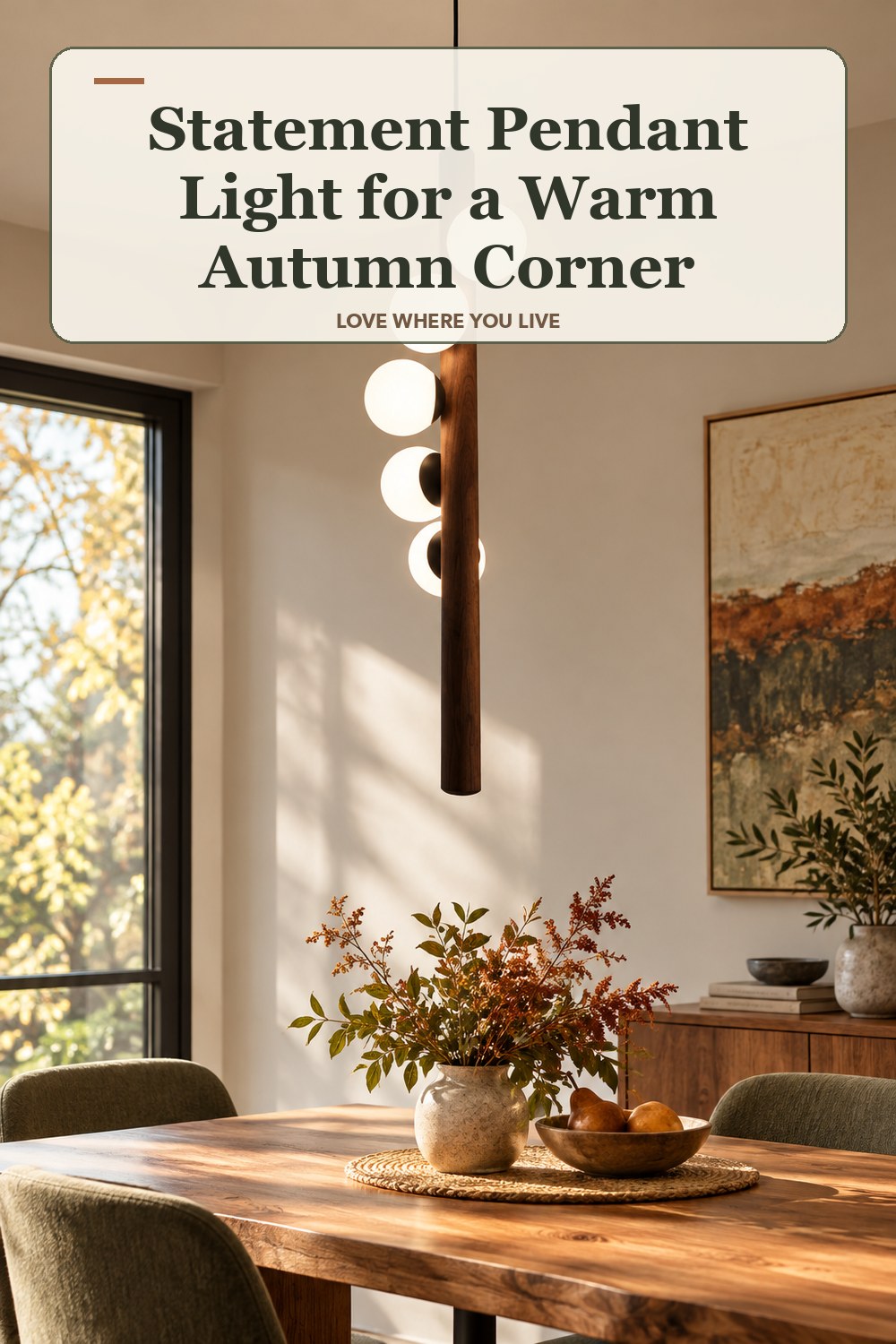 Lived-in fall room with a statement pendant light and the headline: Statement Pendant Light for a Warm Autumn Corner.