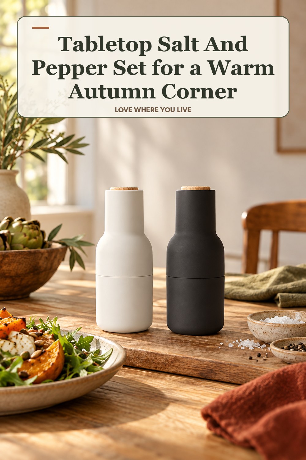Lived-in fall room with a tabletop salt and pepper set and the headline: Tabletop Salt And Pepper Set for a Warm Autumn Corner.