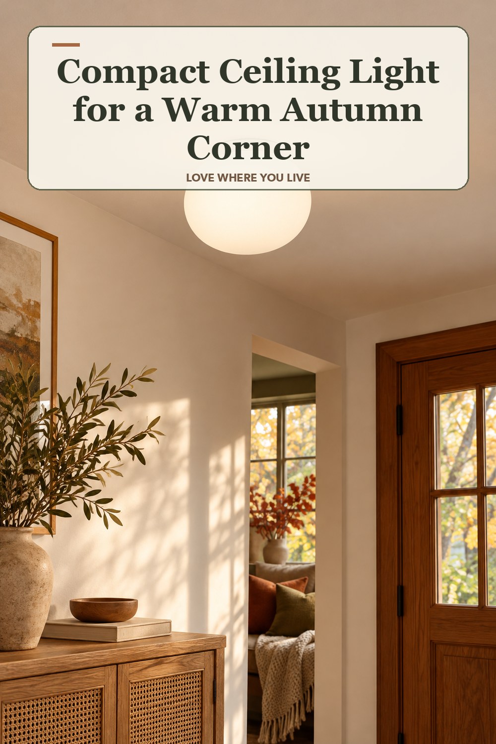 Lived-in fall room with a compact ceiling light and the headline: Compact Ceiling Light for a Warm Autumn Corner.