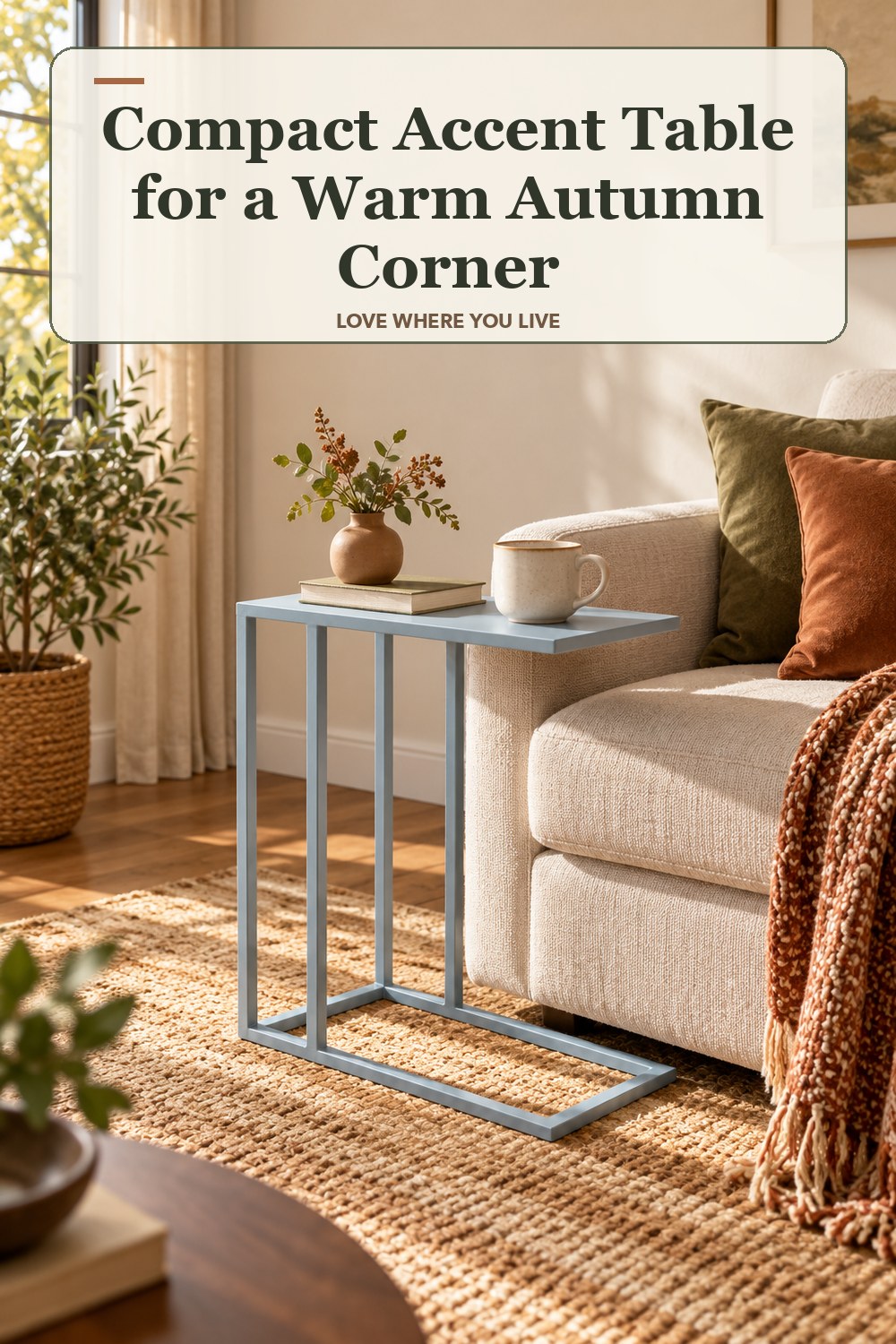 Lived-in fall room with a compact accent table and the headline: Compact Accent Table for a Warm Autumn Corner.