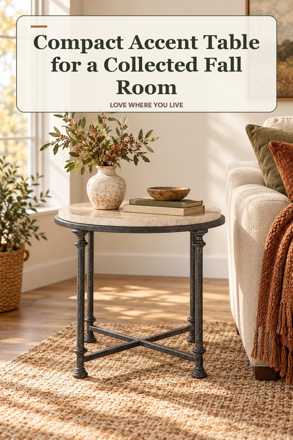 Lived-in fall room with a compact accent table and the headline: Compact Accent Table for a Collected Fall Room.