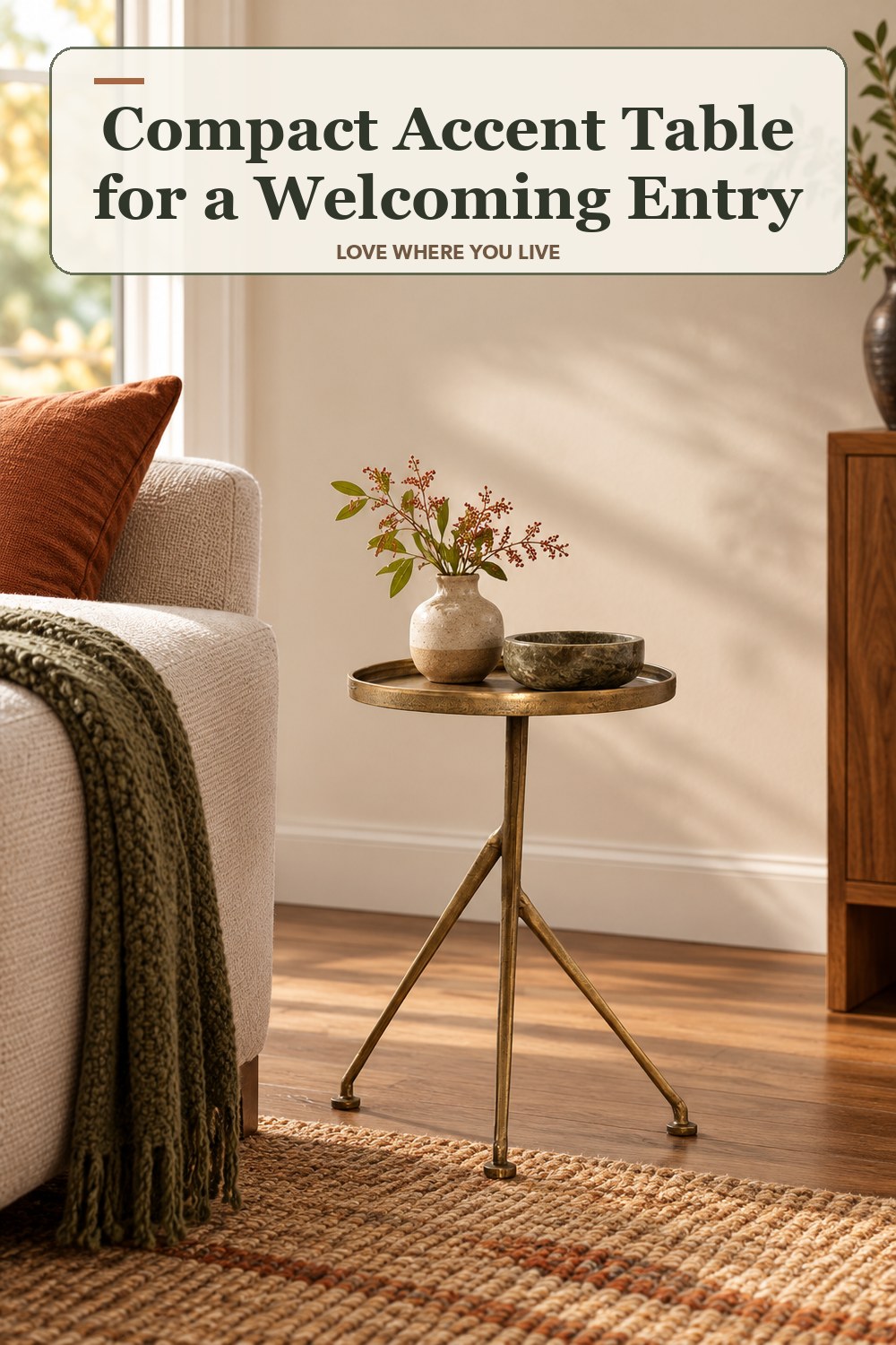 Lived-in fall room with a compact accent table and the headline: Compact Accent Table for a Welcoming Entry.