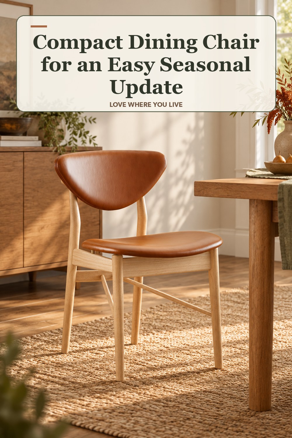 Lived-in fall room with a compact dining chair and the headline: Compact Dining Chair for an Easy Seasonal Update.
