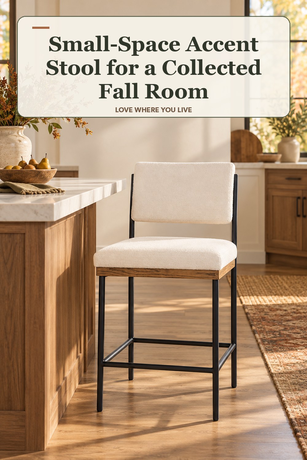 Lived-in fall room with a small-space accent stool and the headline: Small-Space Accent Stool for a Collected Fall Room.
