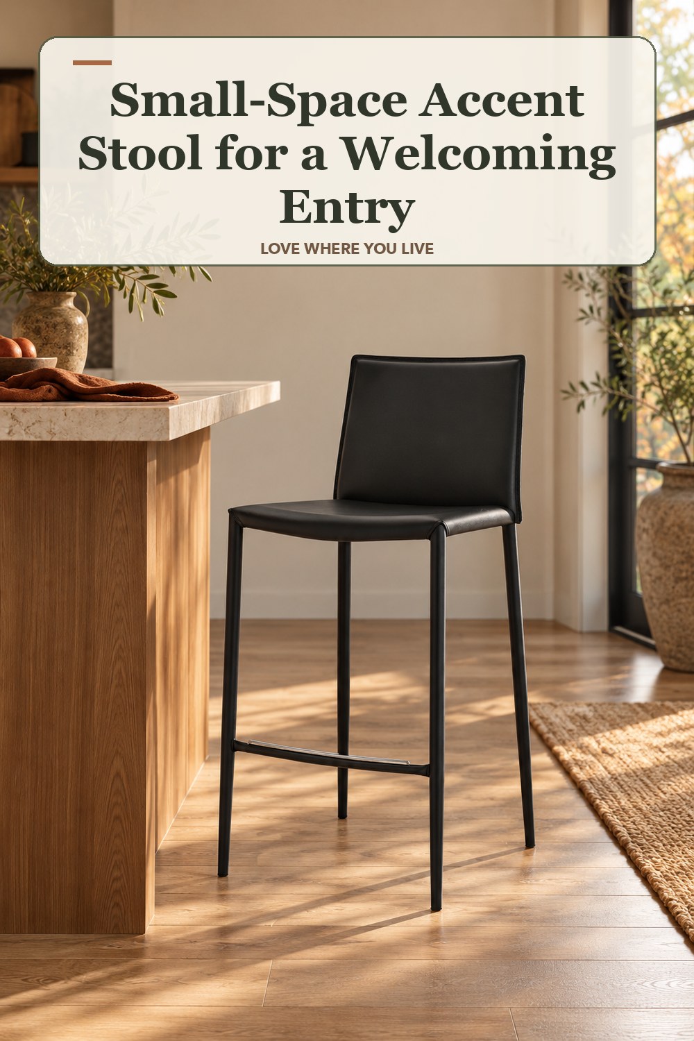 Lived-in fall room with a small-space accent stool and the headline: Small-Space Accent Stool for a Welcoming Entry.
