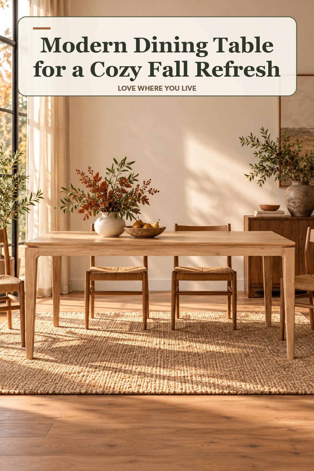 Lived-in fall room with a modern dining table and the headline: Modern Dining Table for a Cozy Fall Refresh.