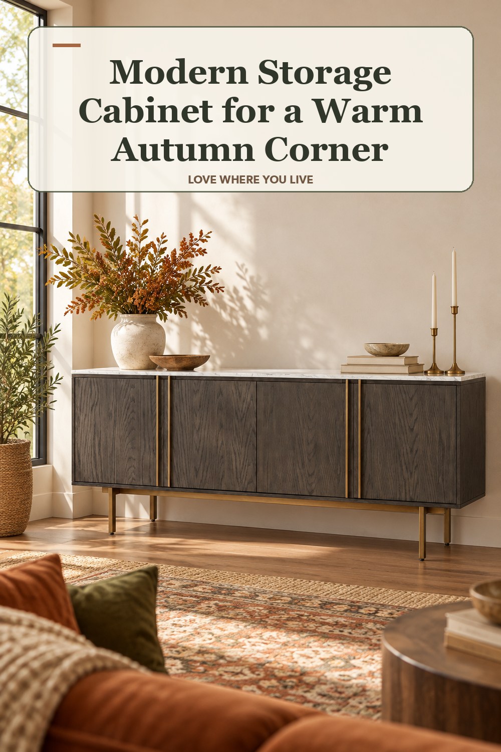 Lived-in fall room with a modern storage cabinet and the headline: Modern Storage Cabinet for a Warm Autumn Corner.