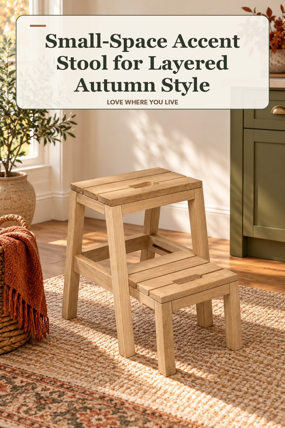 Lived-in fall room with a small-space accent stool and the headline: Small-Space Accent Stool for Layered Autumn Style.