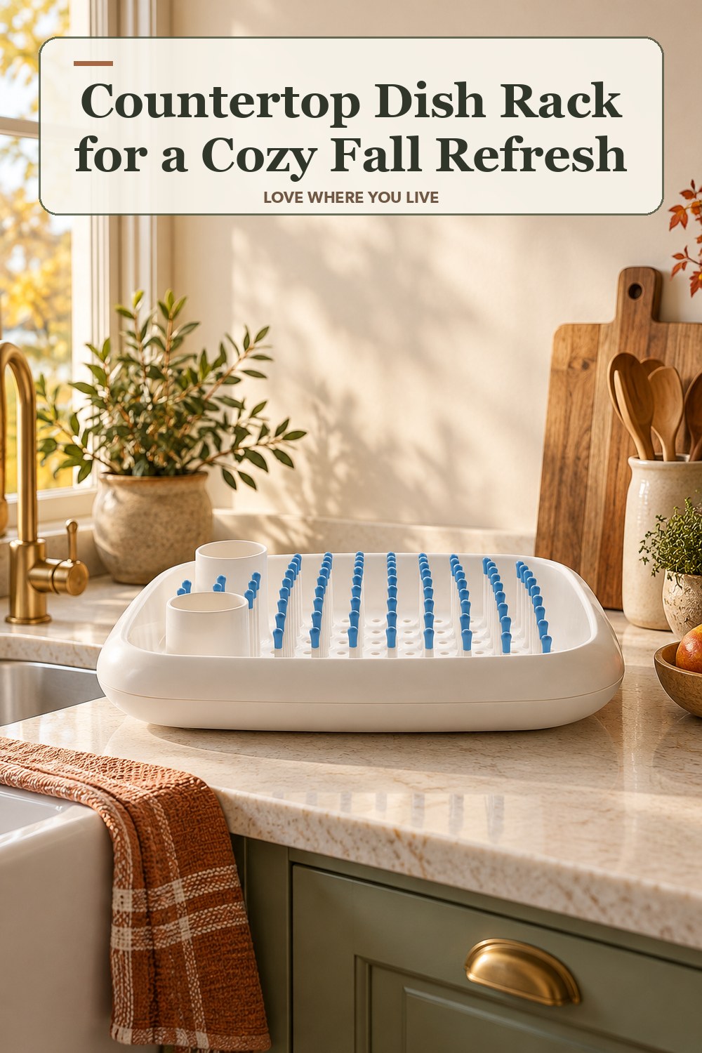 Lived-in fall room with a countertop dish rack and the headline: Countertop Dish Rack for a Cozy Fall Refresh.