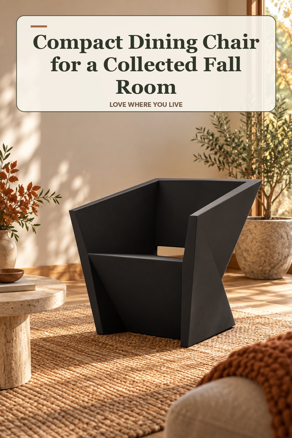 Lived-in fall room with a compact dining chair and the headline: Compact Dining Chair for a Collected Fall Room.