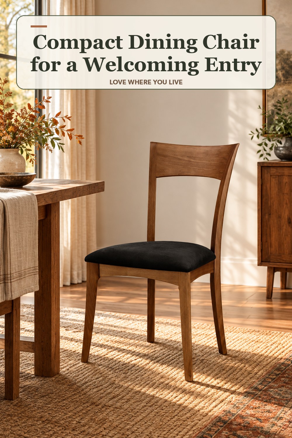 Lived-in fall room with a compact dining chair and the headline: Compact Dining Chair for a Welcoming Entry.