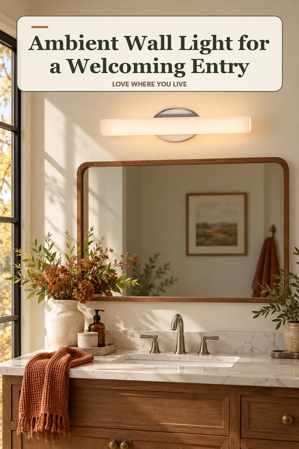 Lived-in fall room with a ambient wall light and the headline: Ambient Wall Light for a Welcoming Entry.