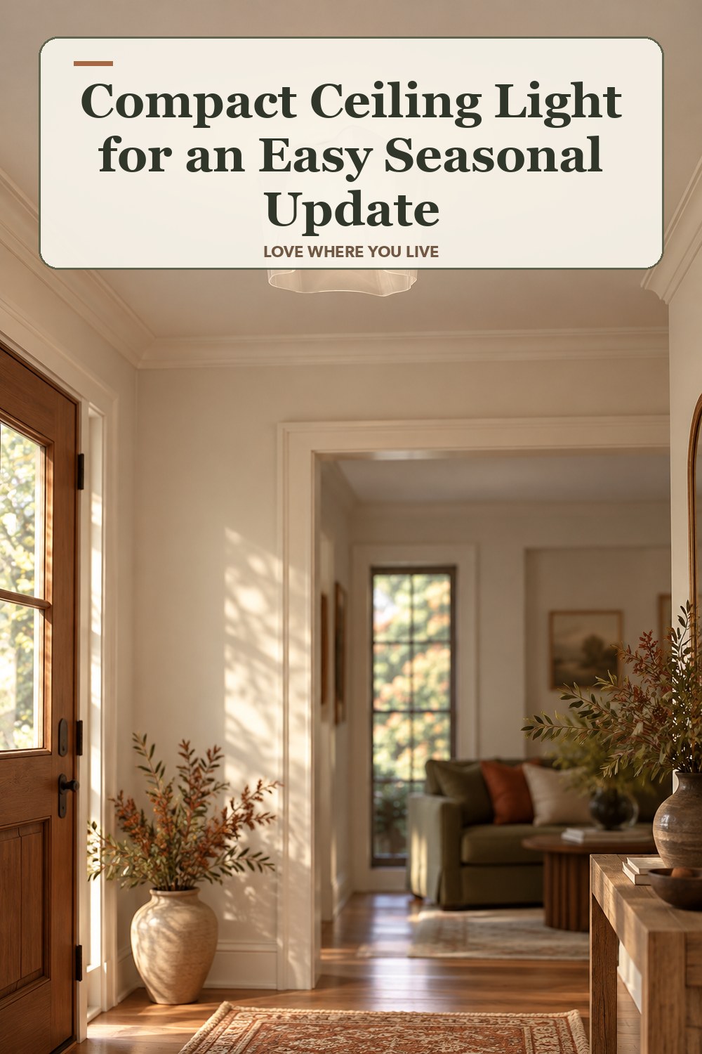 Lived-in fall room with a compact ceiling light and the headline: Compact Ceiling Light for an Easy Seasonal Update.