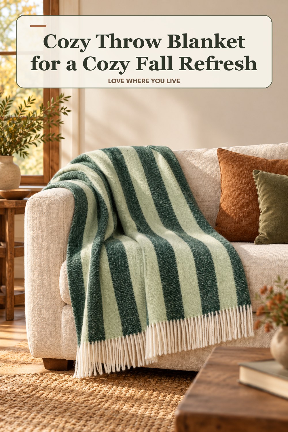 Lived-in fall room with a cozy throw blanket and the headline: Cozy Throw Blanket for a Cozy Fall Refresh.