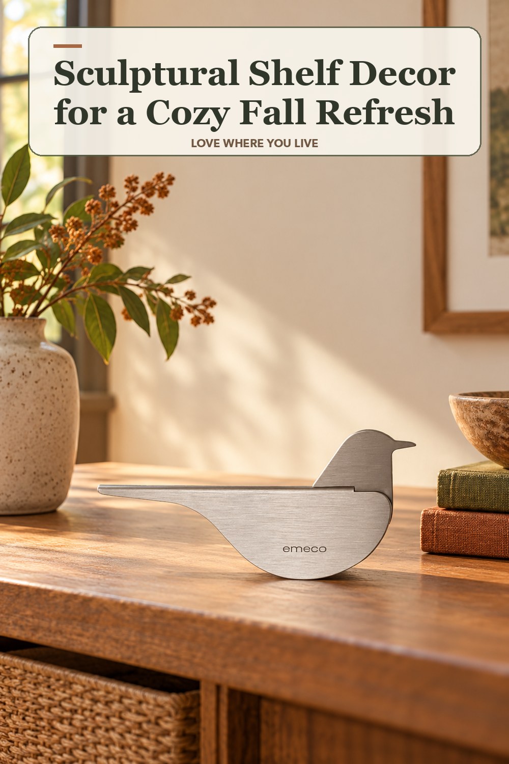 Lived-in fall room with a sculptural shelf decor and the headline: Sculptural Shelf Decor for a Cozy Fall Refresh.