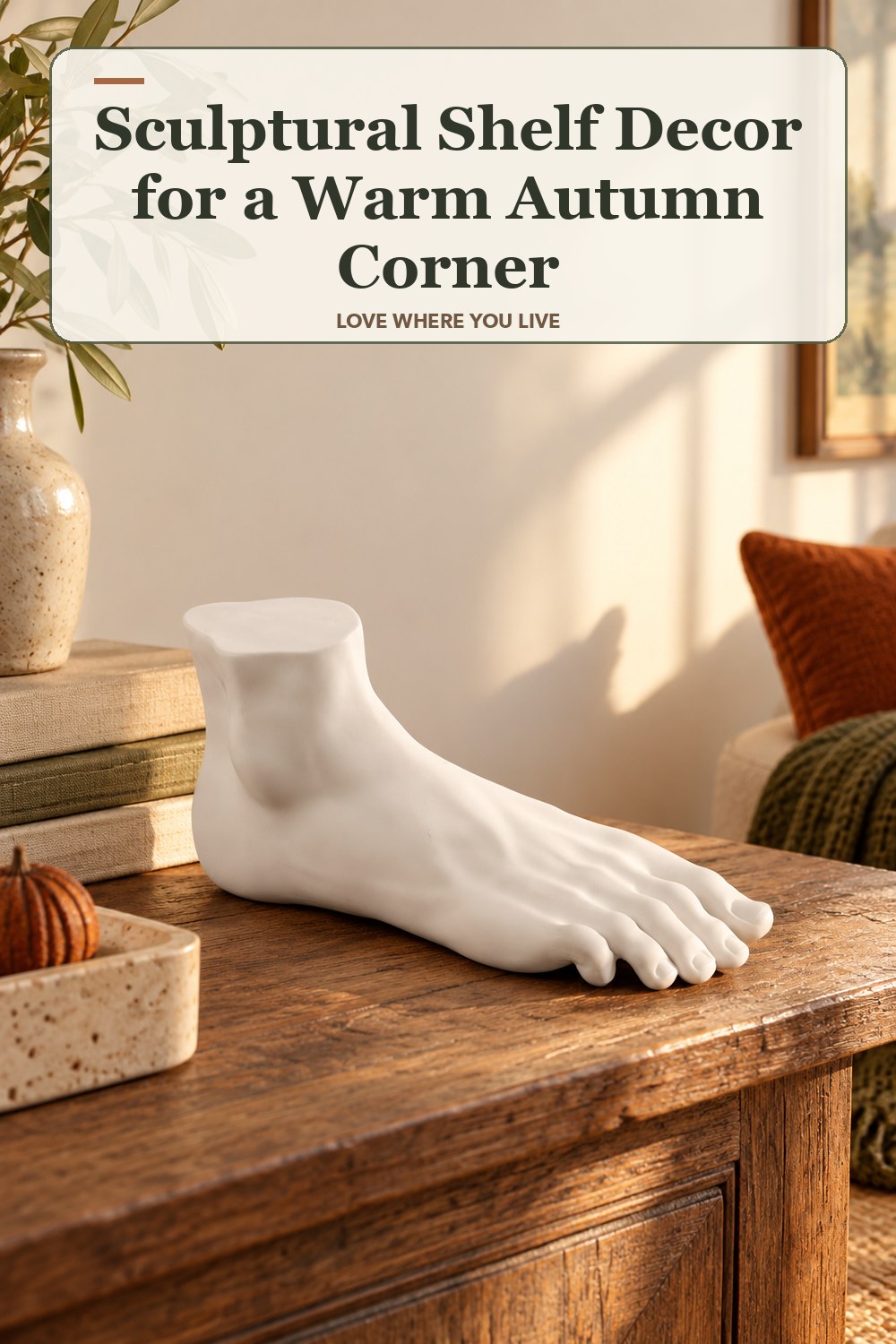 Lived-in fall room with a sculptural shelf decor and the headline: Sculptural Shelf Decor for a Warm Autumn Corner.