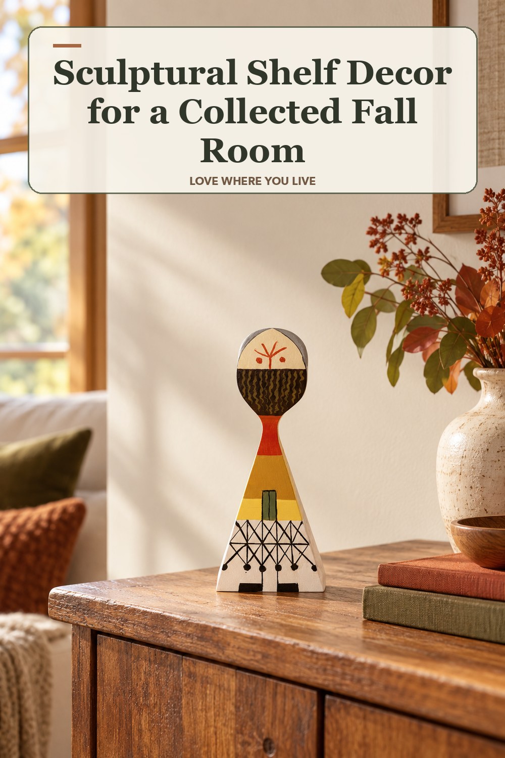 Lived-in fall room with a sculptural shelf decor and the headline: Sculptural Shelf Decor for a Collected Fall Room.