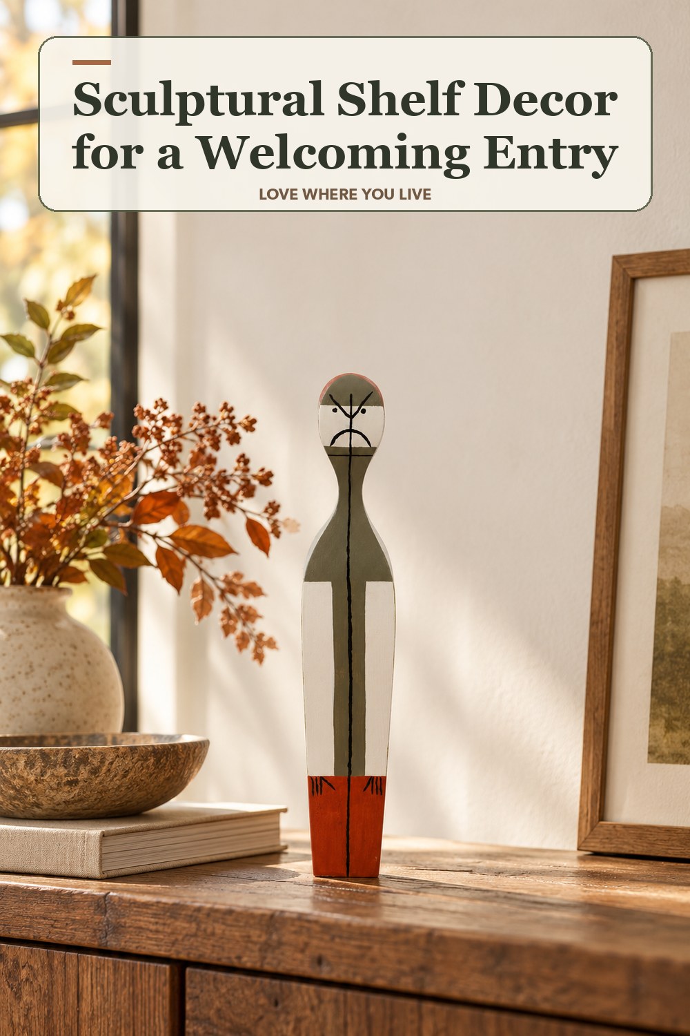Lived-in fall room with a sculptural shelf decor and the headline: Sculptural Shelf Decor for a Welcoming Entry.