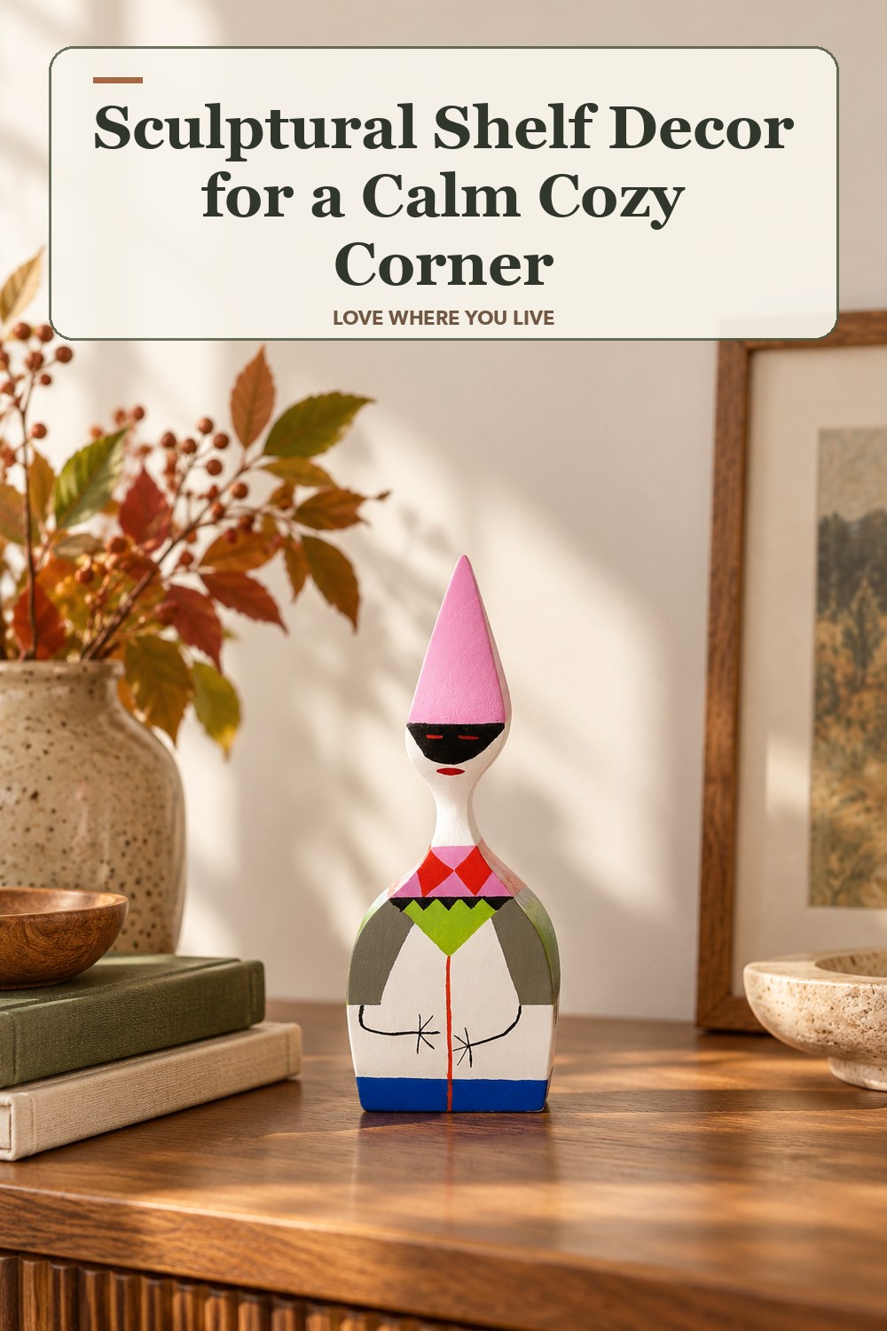 Lived-in fall room with a sculptural shelf decor and the headline: Sculptural Shelf Decor for a Calm Cozy Corner.