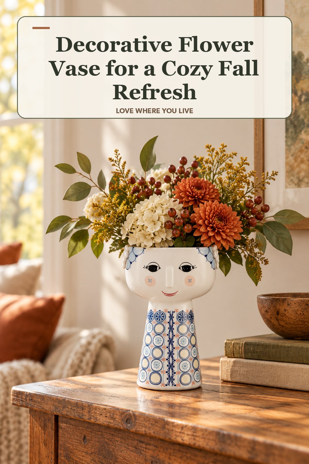 Lived-in fall room with a decorative flower vase and the headline: Decorative Flower Vase for a Cozy Fall Refresh.