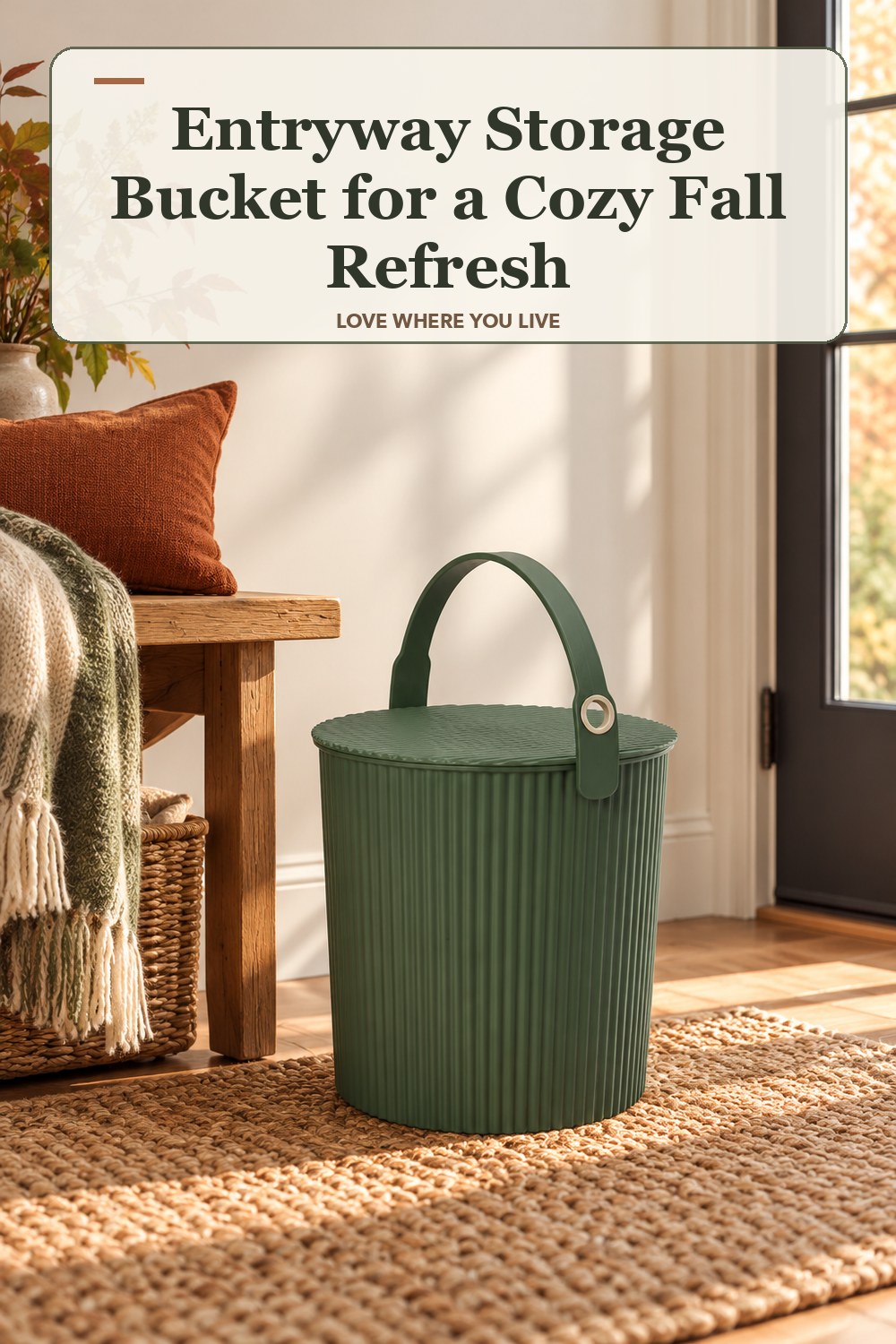 Lived-in fall room with a entryway storage bucket and the headline: Entryway Storage Bucket for a Cozy Fall Refresh.
