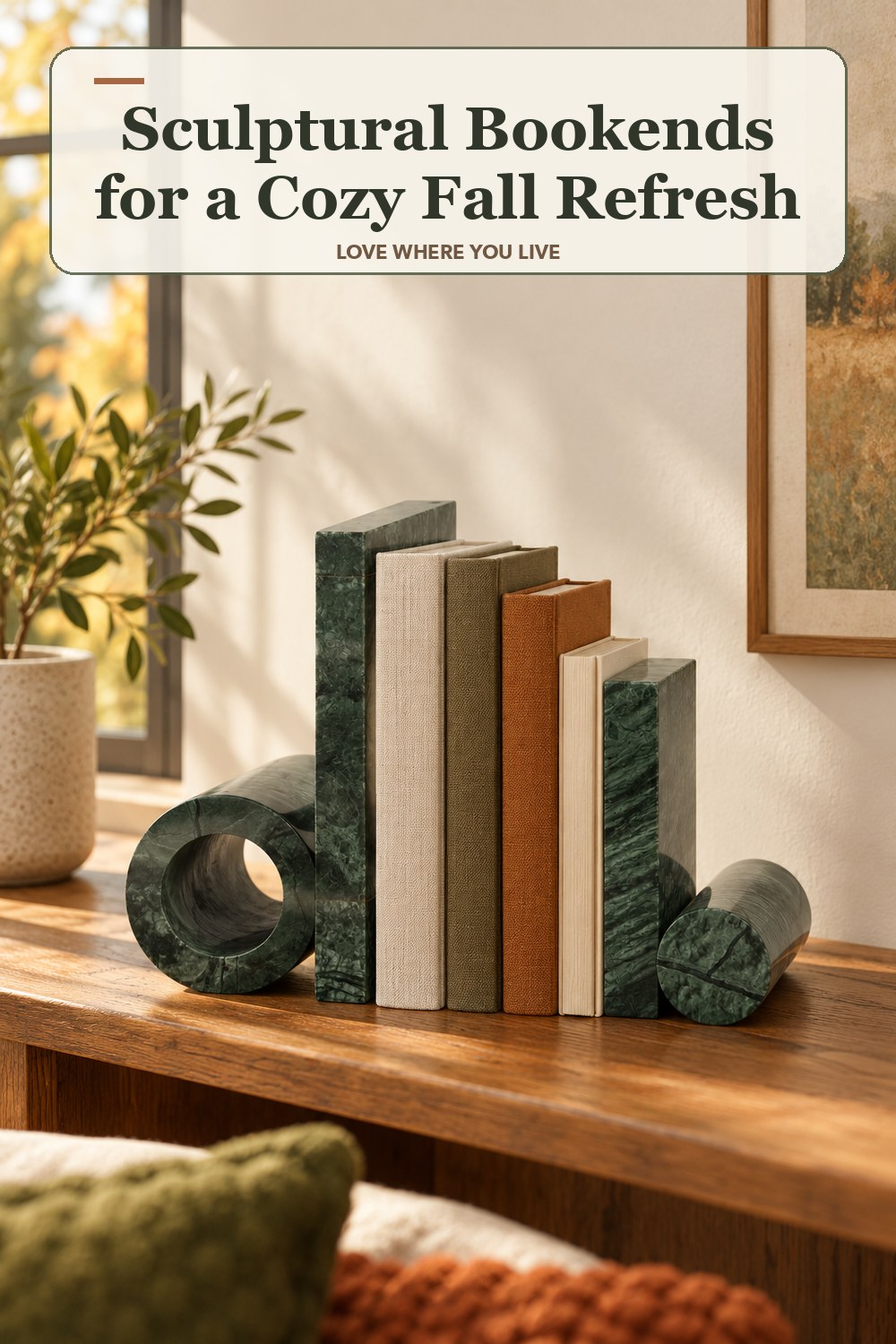 Lived-in fall room with a sculptural bookends and the headline: Sculptural Bookends for a Cozy Fall Refresh.