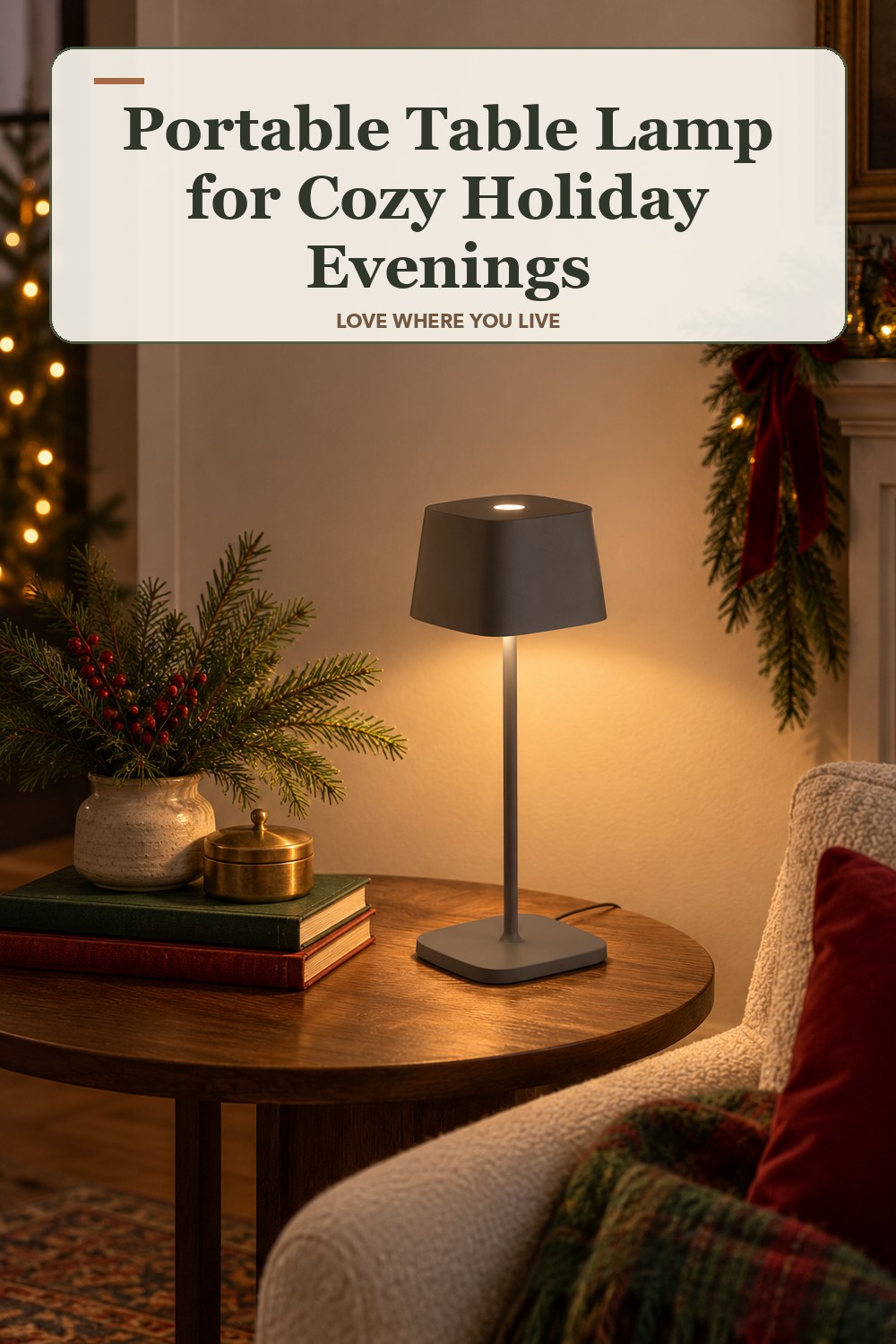 Lived-in christmas room with a portable table lamp and the headline: Portable Table Lamp for Cozy Holiday Evenings.