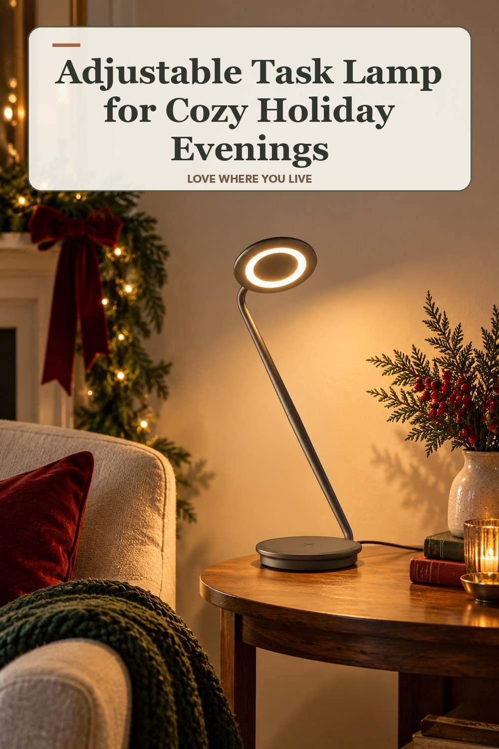 Lived-in christmas room with a adjustable task lamp and the headline: Adjustable Task Lamp for Cozy Holiday Evenings.
