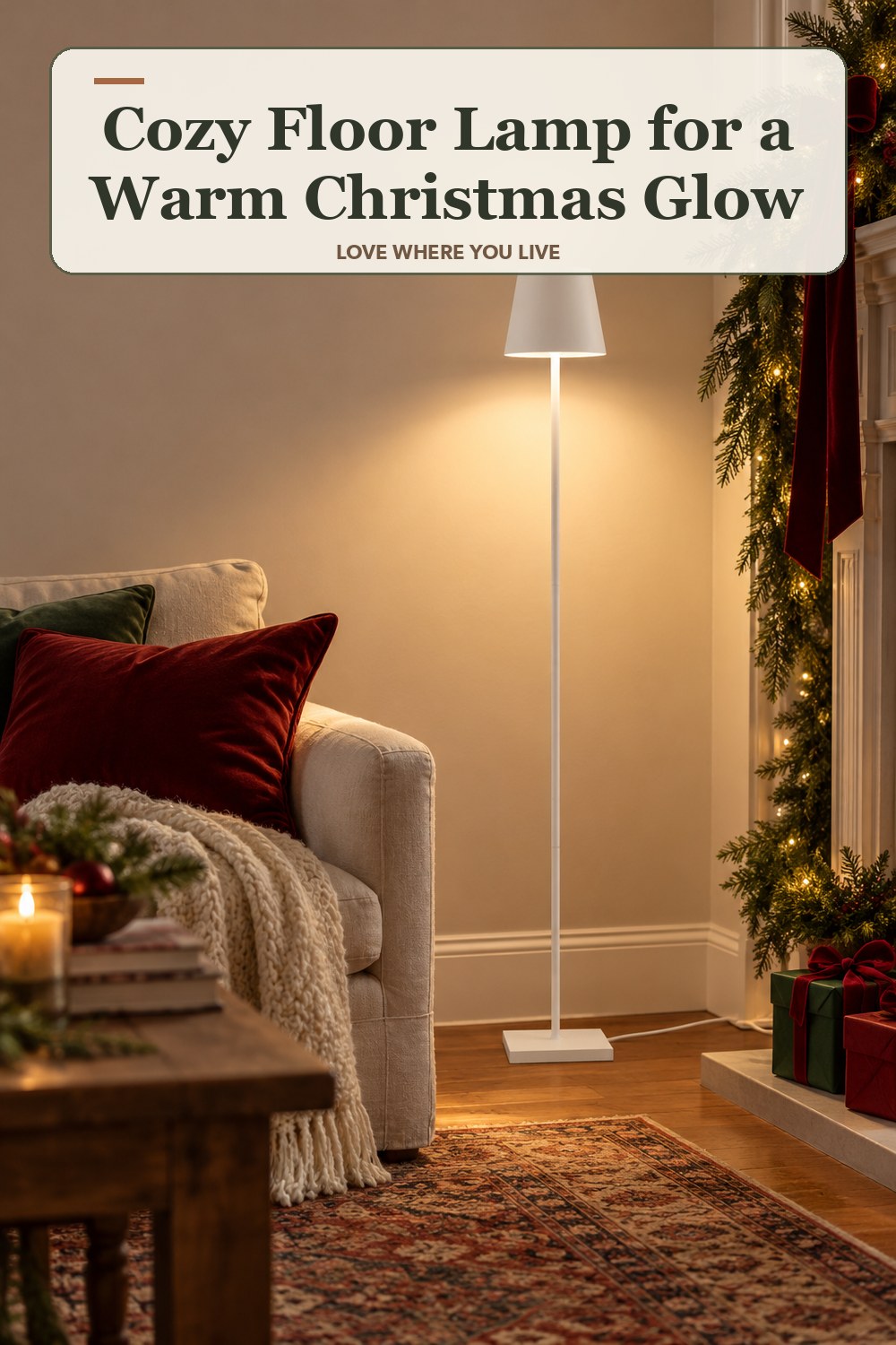 Lived-in christmas room with a cozy floor lamp and the headline: Cozy Floor Lamp for a Warm Christmas Glow.