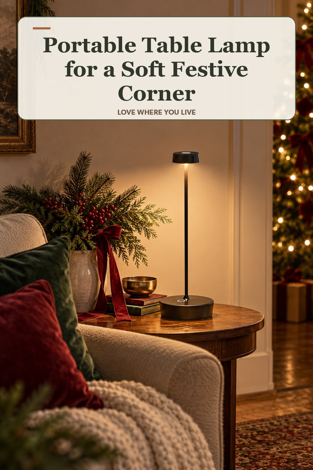 Lived-in christmas room with a portable table lamp and the headline: Portable Table Lamp for a Soft Festive Corner.