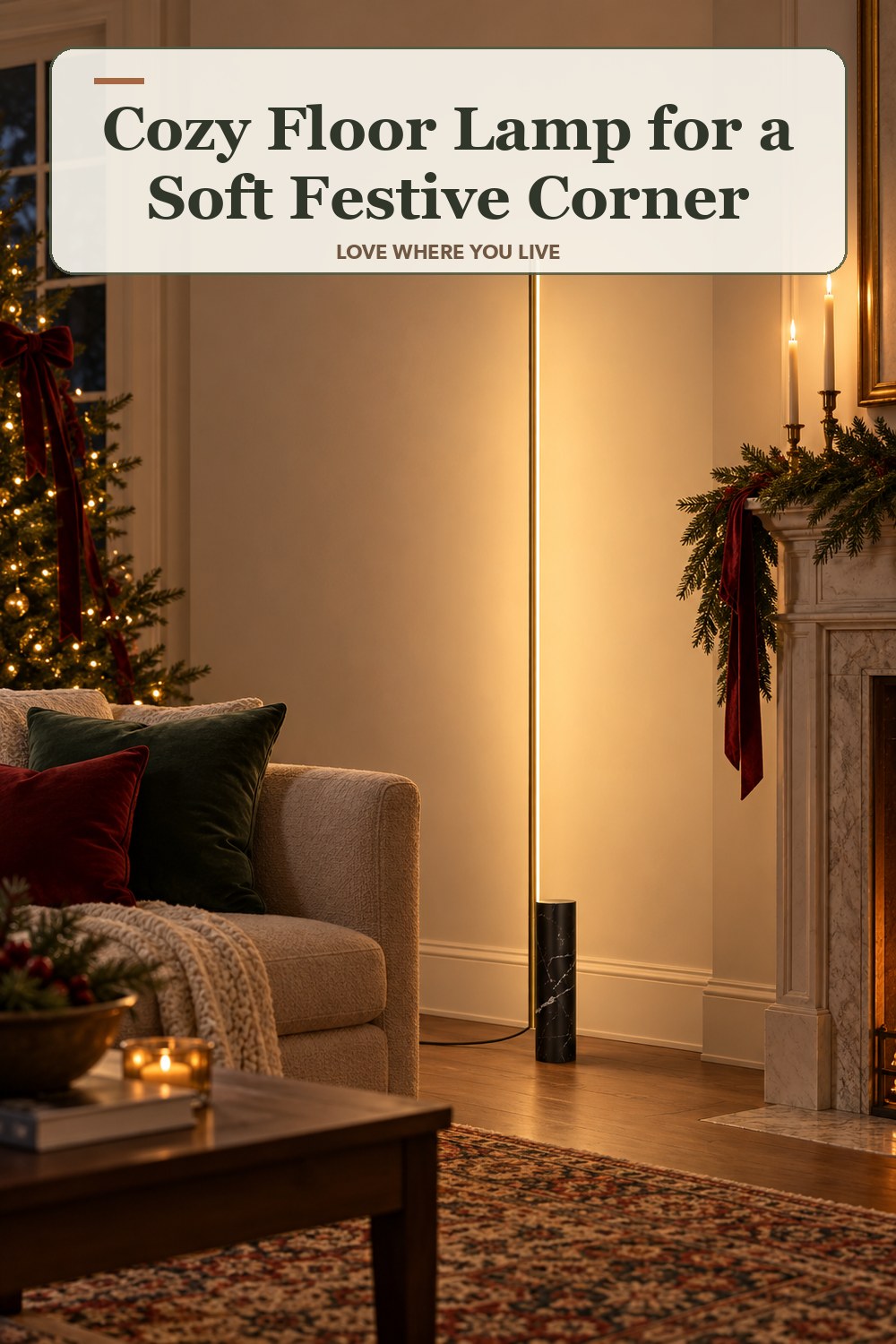 Lived-in christmas room with a cozy floor lamp and the headline: Cozy Floor Lamp for a Soft Festive Corner.