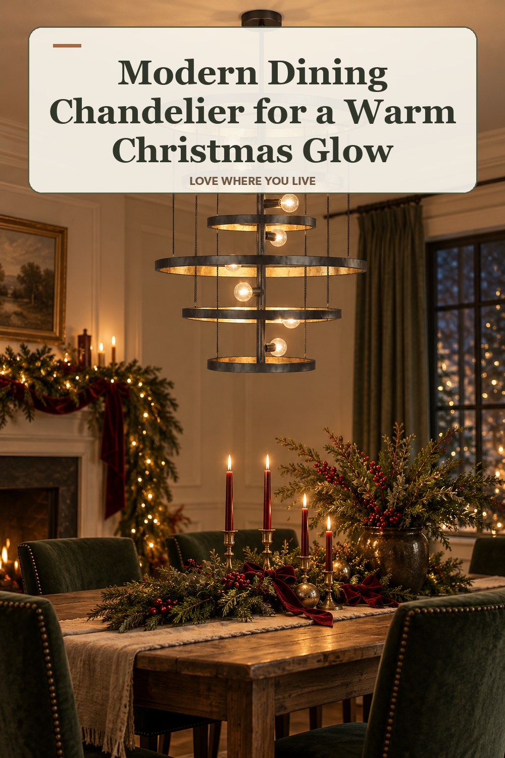 Lived-in christmas room with a modern dining chandelier and the headline: Modern Dining Chandelier for a Warm Christmas Glow.