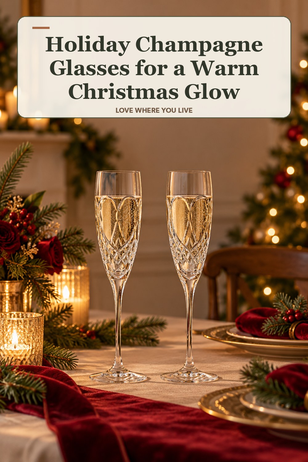 Lived-in christmas room with a holiday champagne glasses and the headline: Holiday Champagne Glasses for a Warm Christmas Glow.