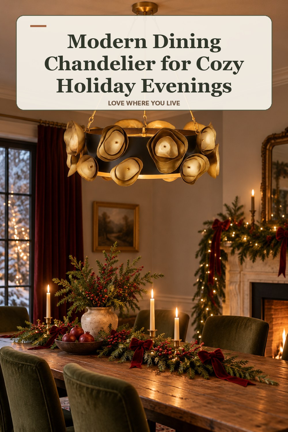 Lived-in christmas room with a modern dining chandelier and the headline: Modern Dining Chandelier for Cozy Holiday Evenings.