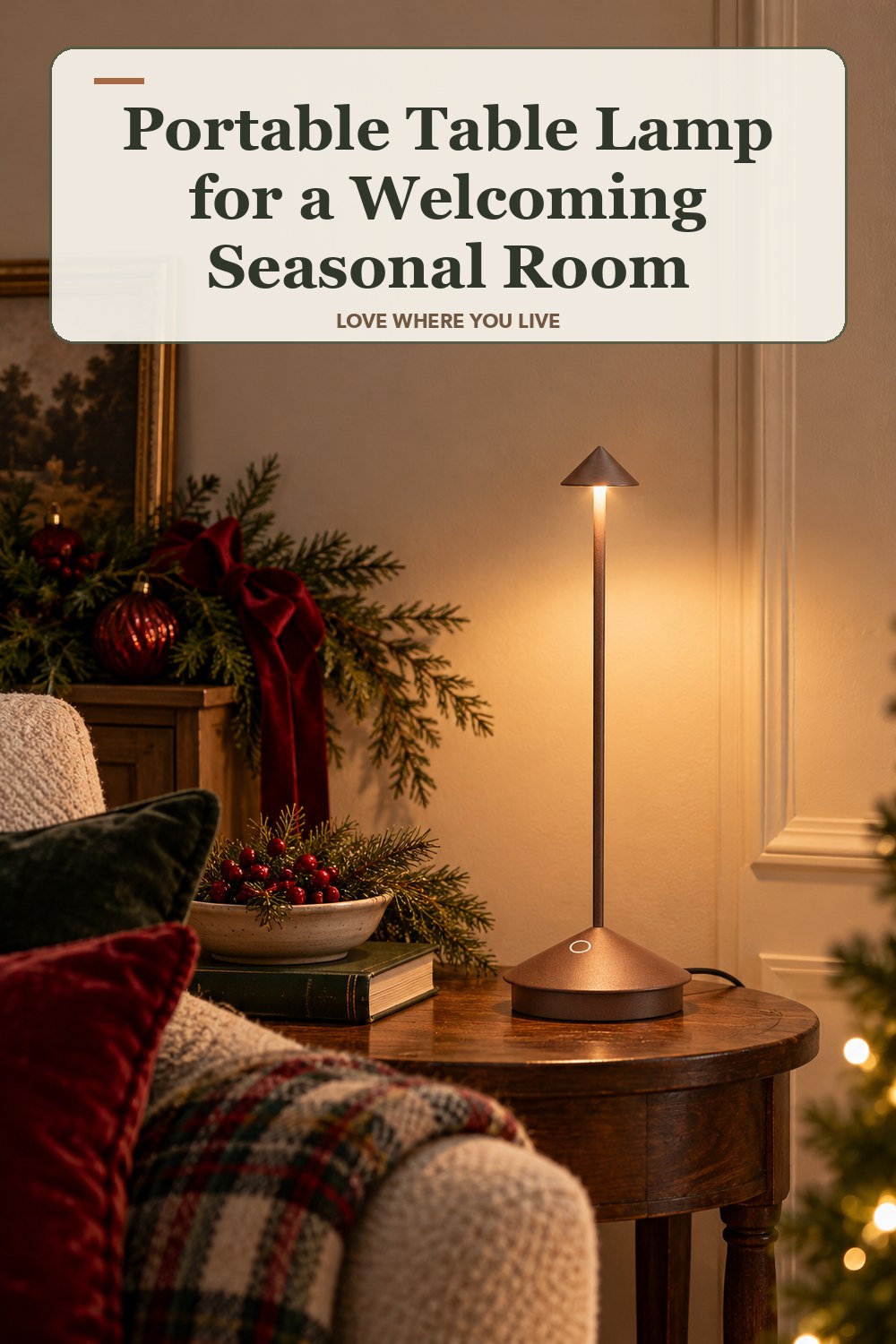 Lived-in christmas room with a portable table lamp and the headline: Portable Table Lamp for a Welcoming Seasonal Room.