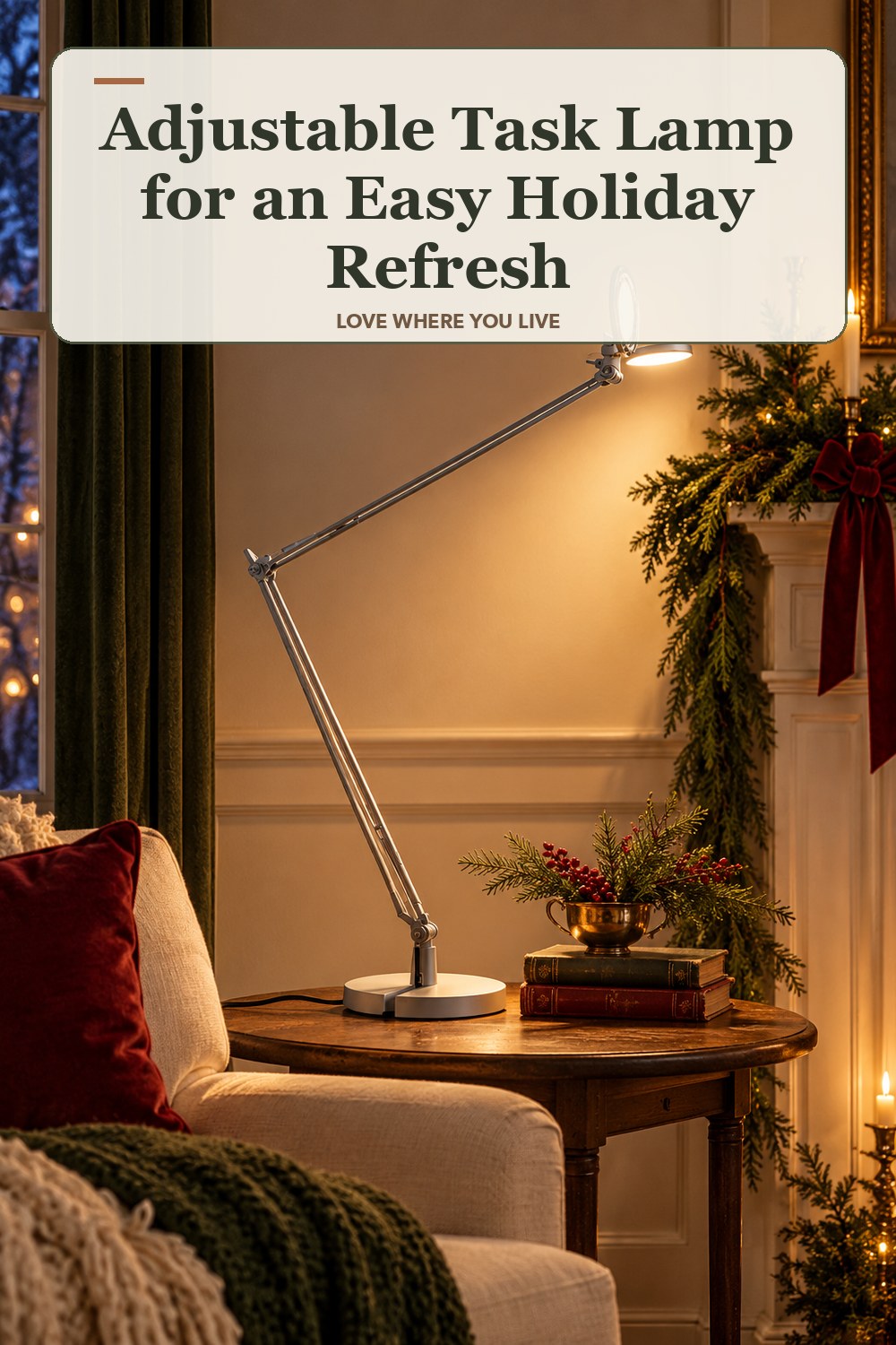 Lived-in christmas room with a adjustable task lamp and the headline: Adjustable Task Lamp for an Easy Holiday Refresh.
