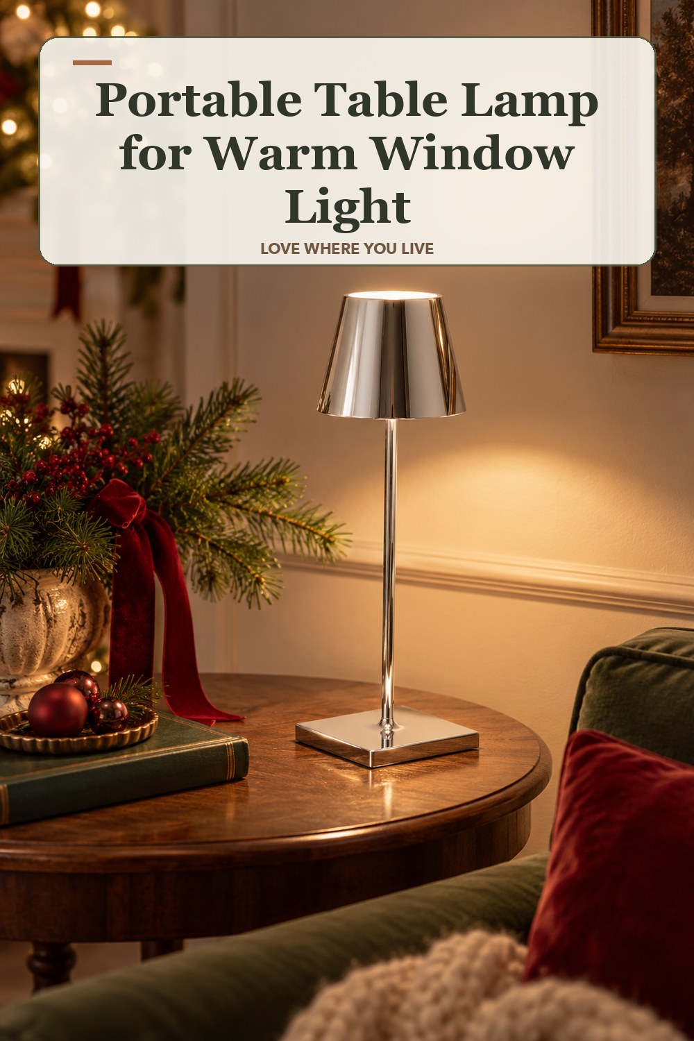 Lived-in christmas room with a portable table lamp and the headline: Portable Table Lamp for Warm Window Light.