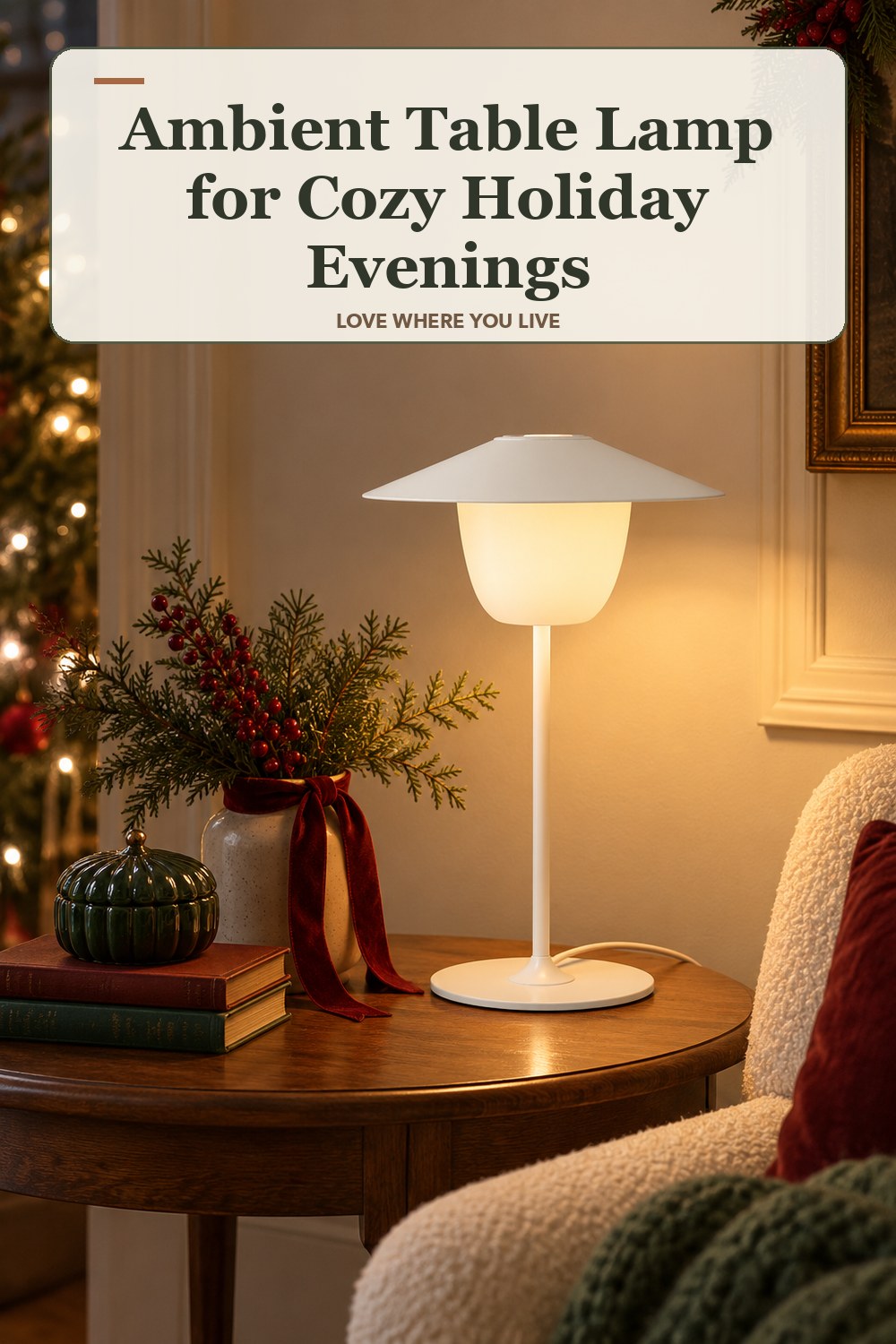 Lived-in christmas room with a ambient table lamp and the headline: Ambient Table Lamp for Cozy Holiday Evenings.