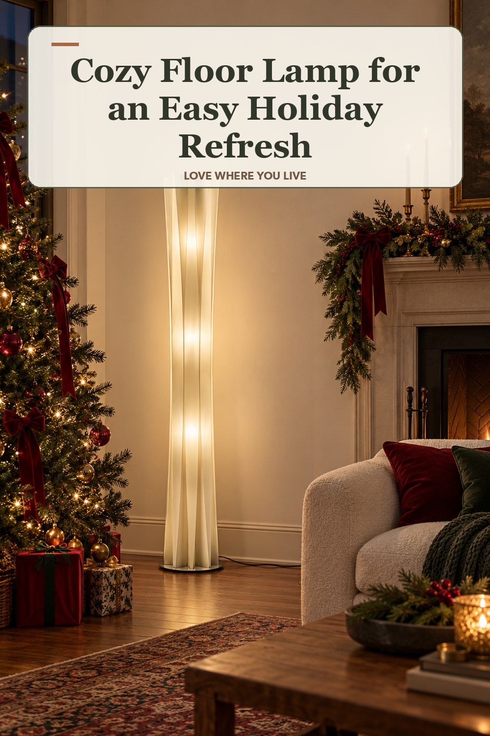 Lived-in christmas room with a cozy floor lamp and the headline: Cozy Floor Lamp for an Easy Holiday Refresh.