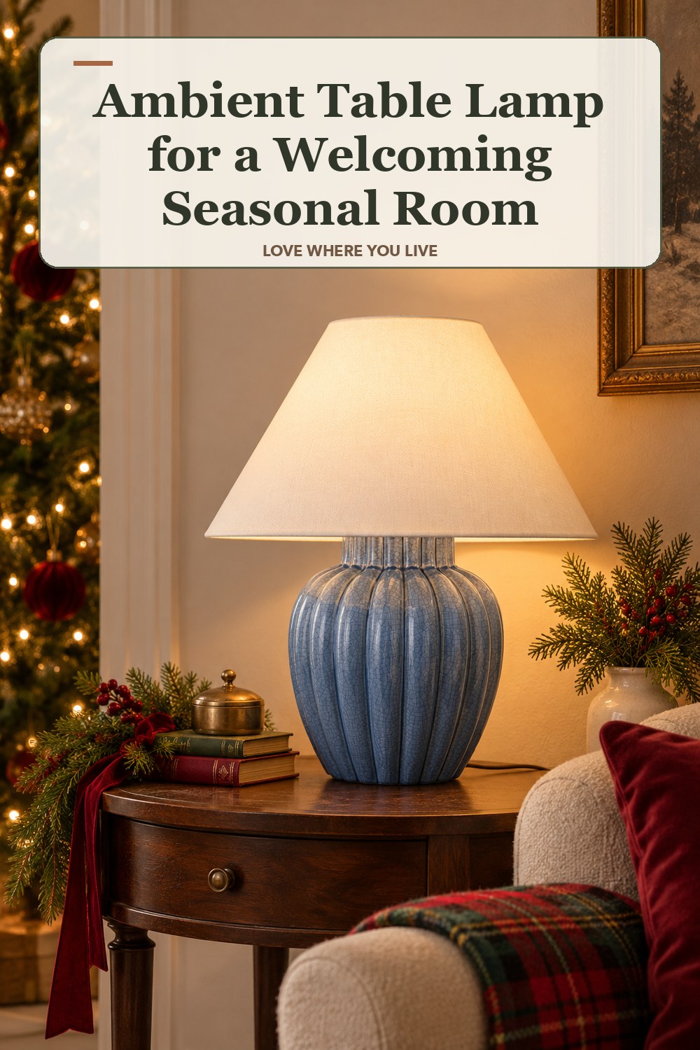 Lived-in christmas room with a ambient table lamp and the headline: Ambient Table Lamp for a Welcoming Seasonal Room.