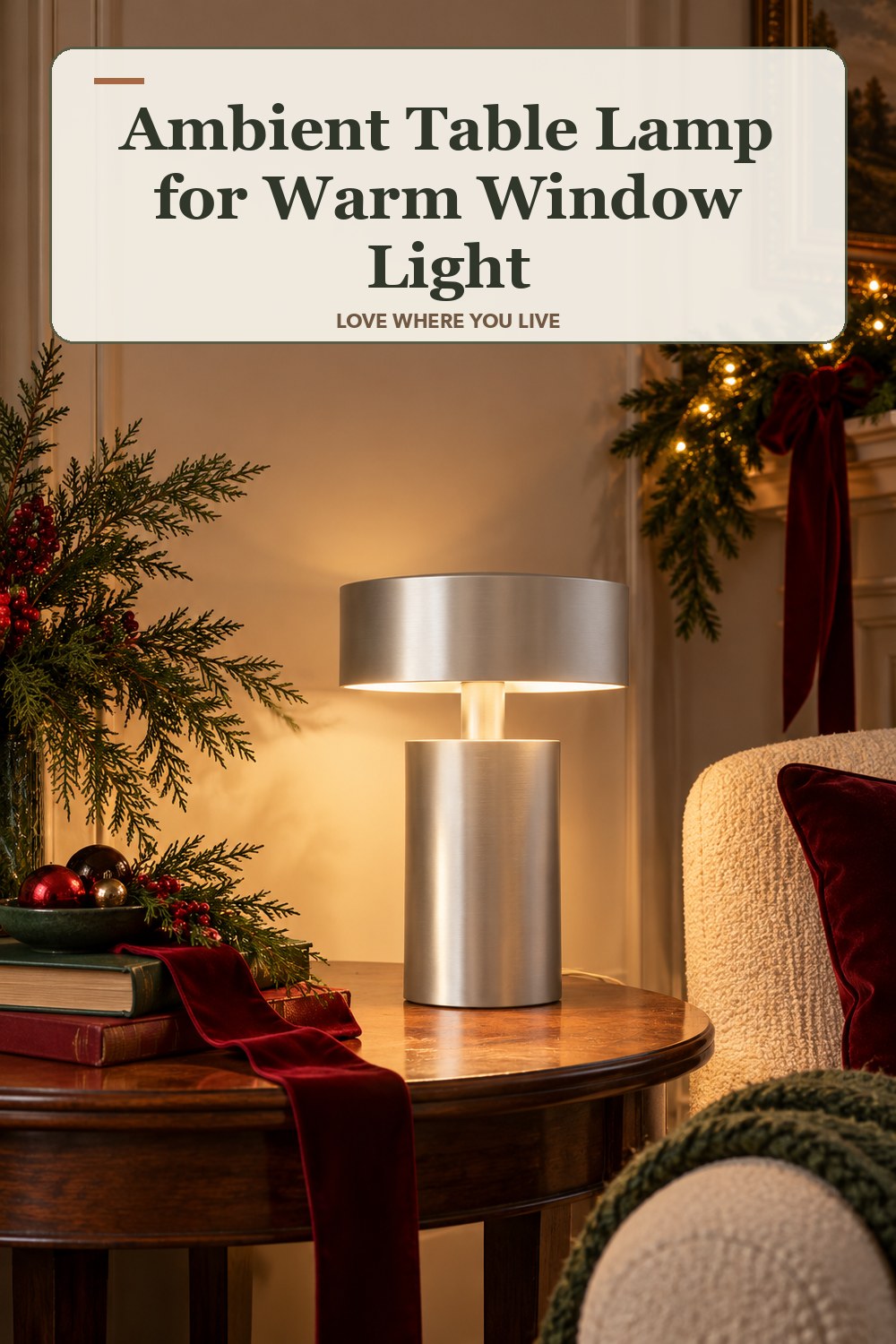 Lived-in christmas room with a ambient table lamp and the headline: Ambient Table Lamp for Warm Window Light.
