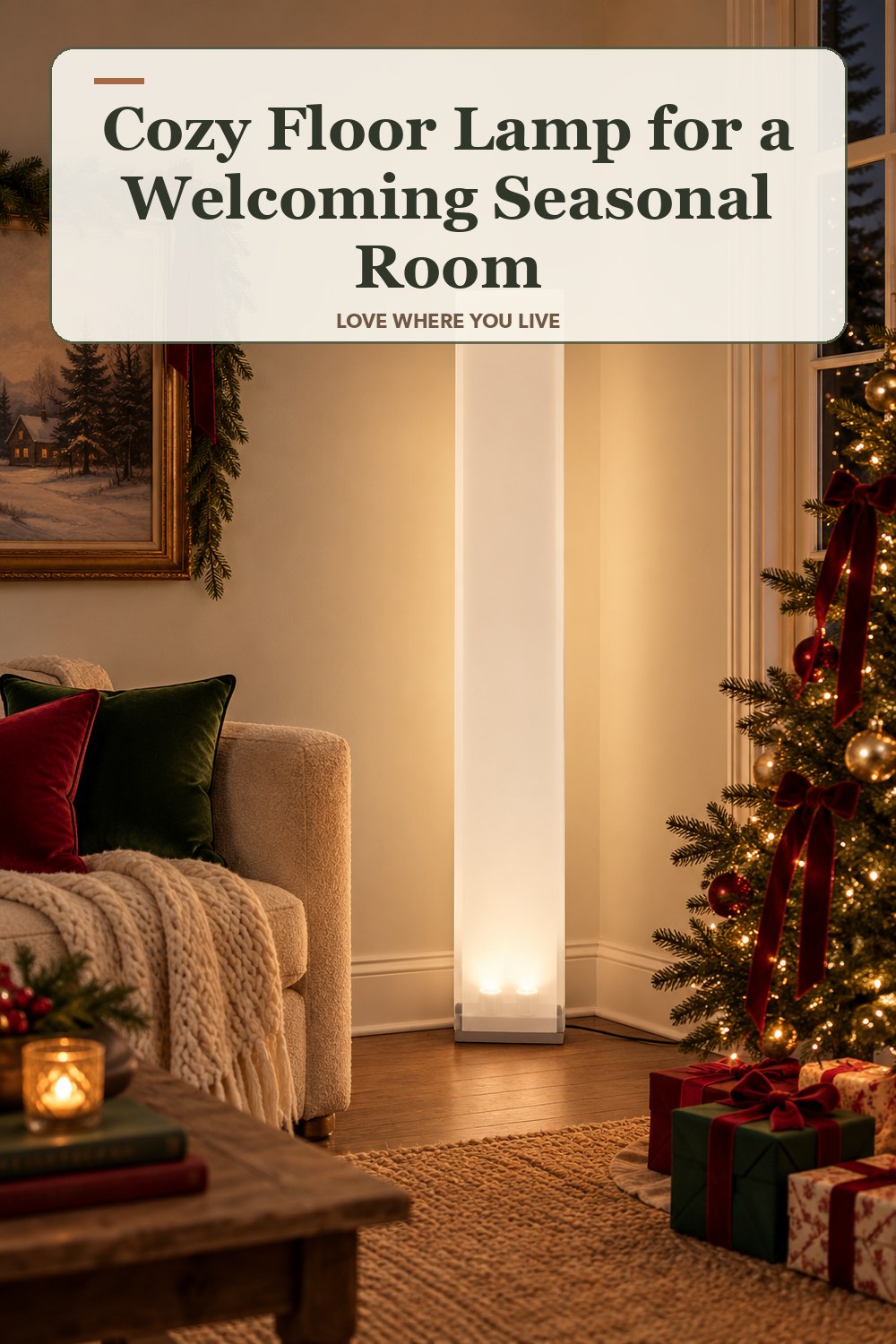 Lived-in christmas room with a cozy floor lamp and the headline: Cozy Floor Lamp for a Welcoming Seasonal Room.
