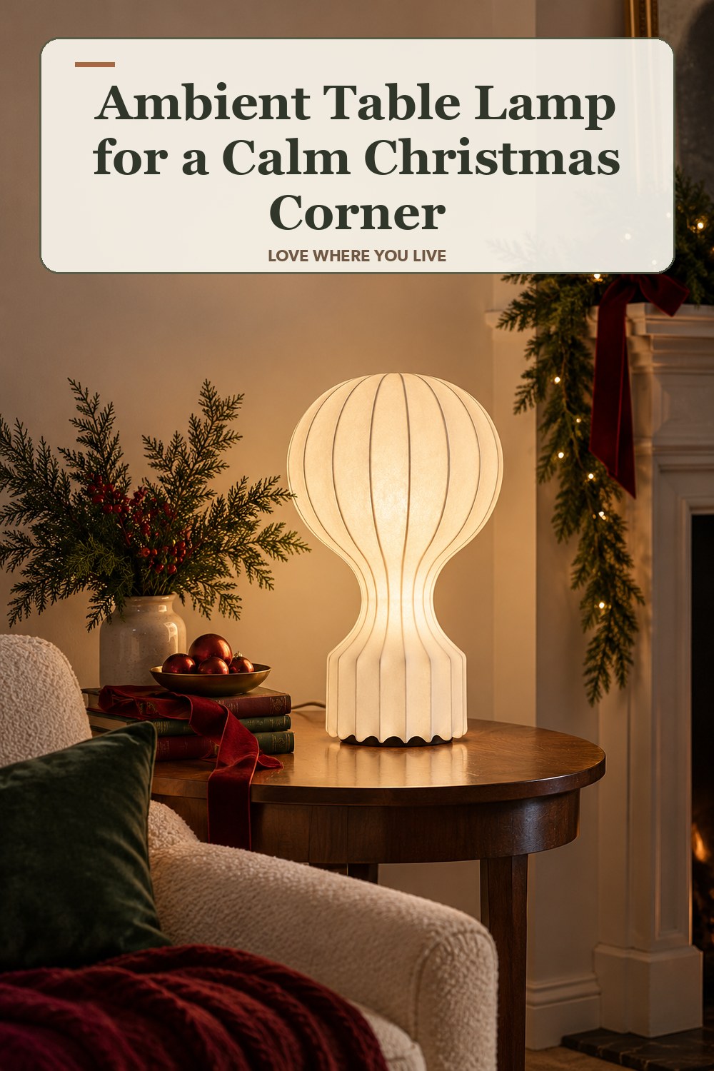 Lived-in christmas room with a ambient table lamp and the headline: Ambient Table Lamp for a Calm Christmas Corner.
