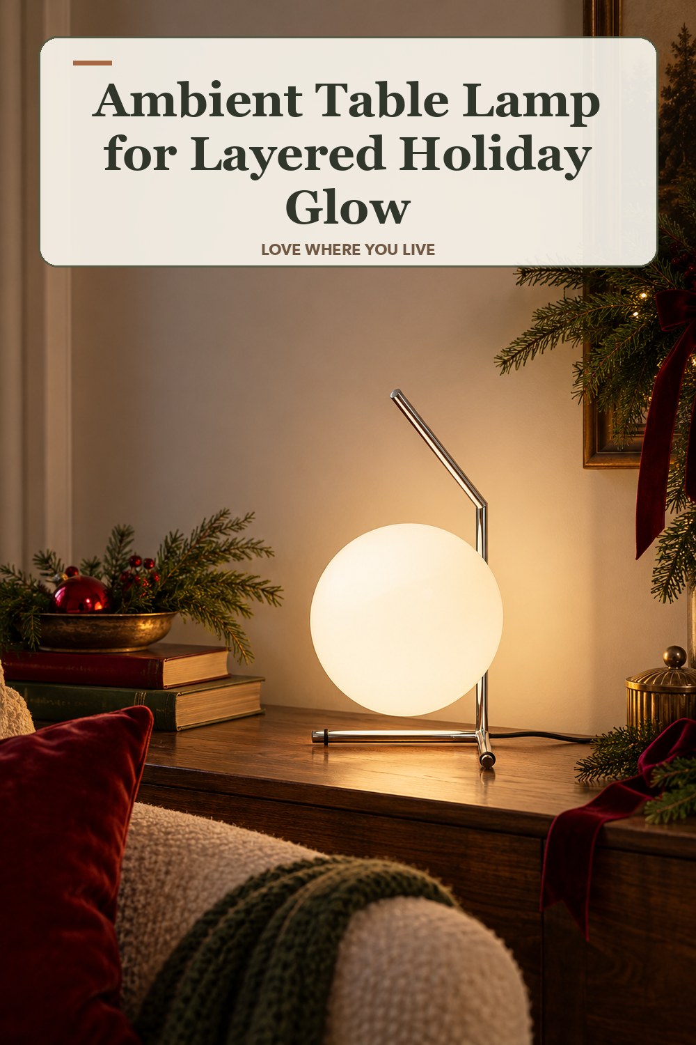 Lived-in christmas room with a ambient table lamp and the headline: Ambient Table Lamp for Layered Holiday Glow.