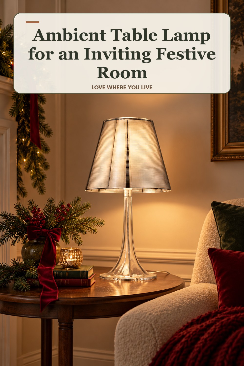 Lived-in christmas room with a ambient table lamp and the headline: Ambient Table Lamp for an Inviting Festive Room.