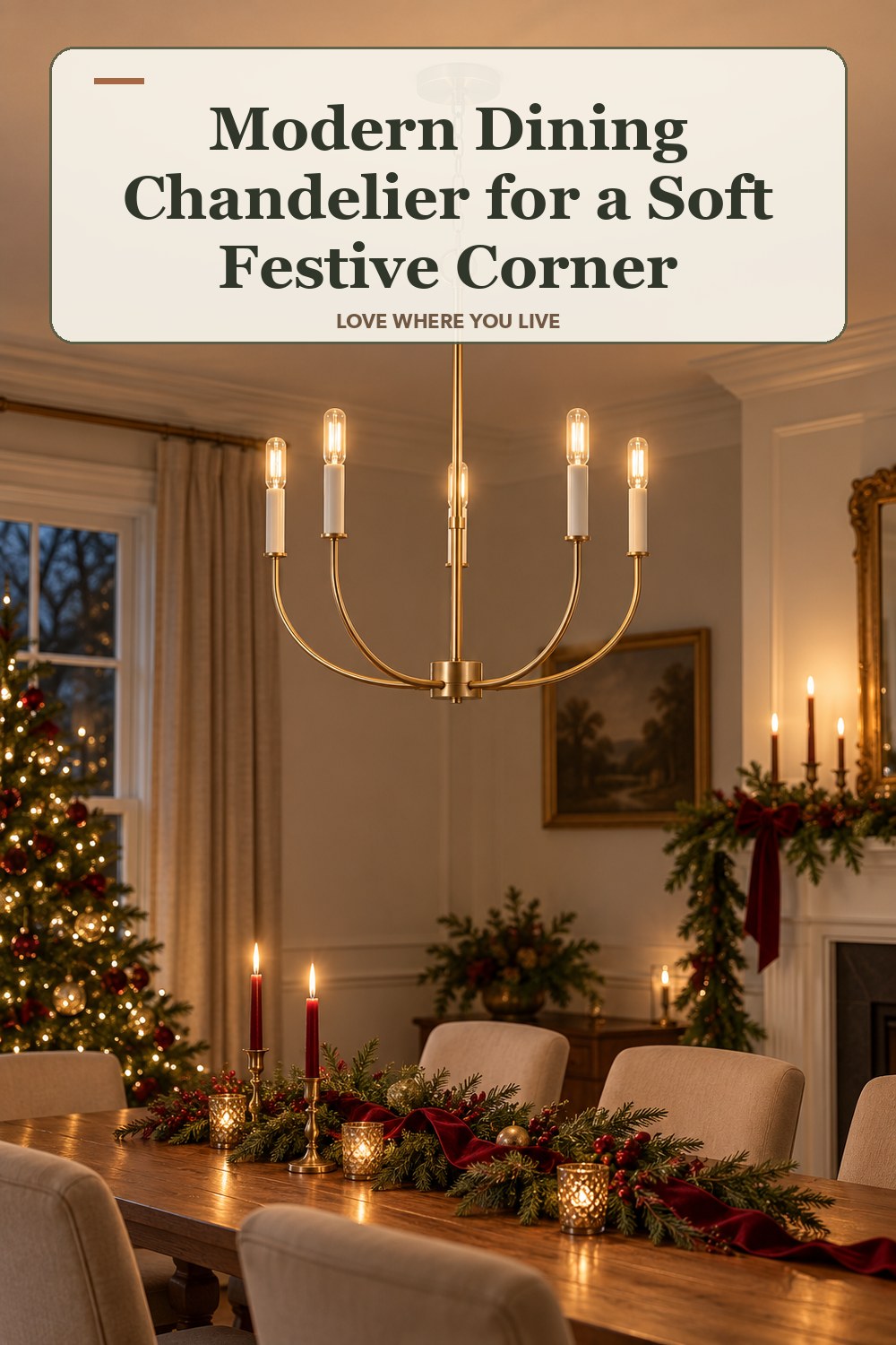 Lived-in christmas room with a modern dining chandelier and the headline: Modern Dining Chandelier for a Soft Festive Corner.