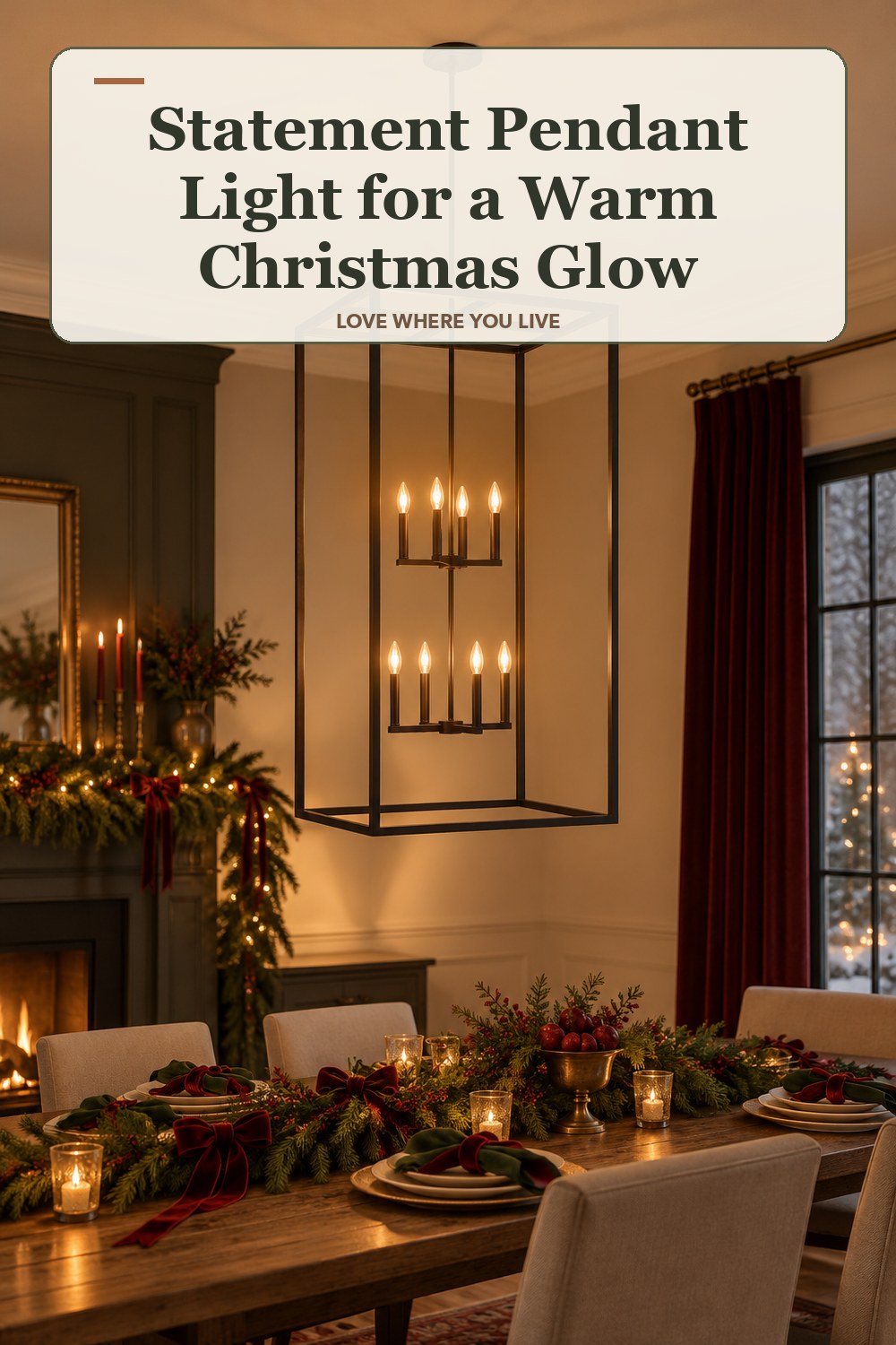 Lived-in christmas room with a statement pendant light and the headline: Statement Pendant Light for a Warm Christmas Glow.