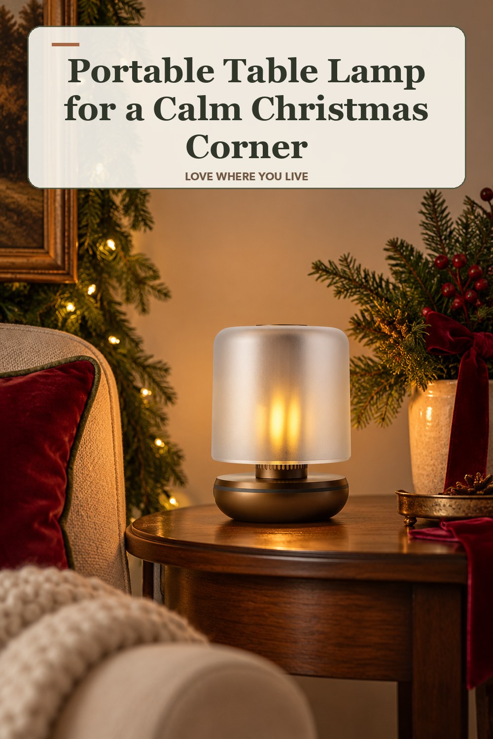 Lived-in christmas room with a portable table lamp and the headline: Portable Table Lamp for a Calm Christmas Corner.