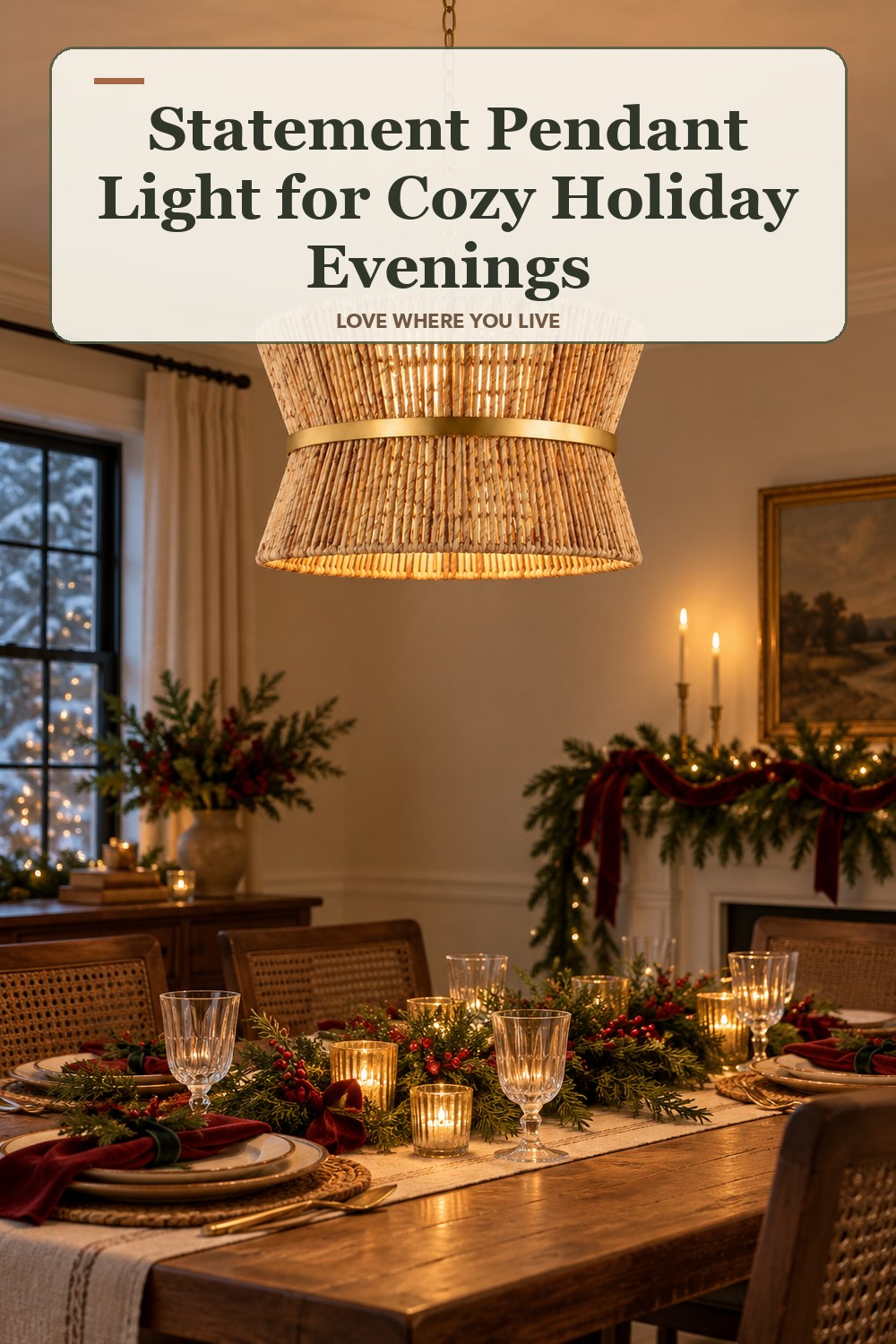 Lived-in christmas room with a statement pendant light and the headline: Statement Pendant Light for Cozy Holiday Evenings.